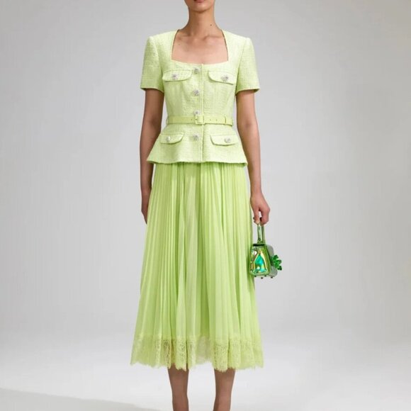 Self-Portrait Dresses & Skirts - Self Portrait Boucle Chiffon Pleated Midi Dress Womens 6 Lime Tweed Belted NEW